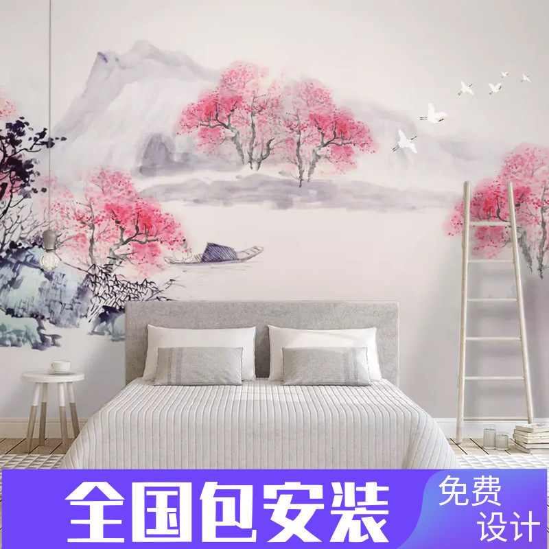 New Chinese artistic conception peach blossom mural TV background wall wallpaper modern landscape wallpaper living room bedroom decoration wall covering