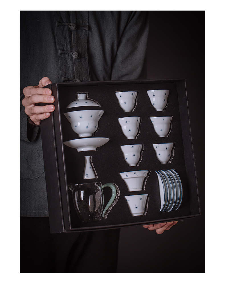 Public remit kung fu tea set tureen jingdezhen ceramic cups small household set of white porcelain hand draw a complete set of