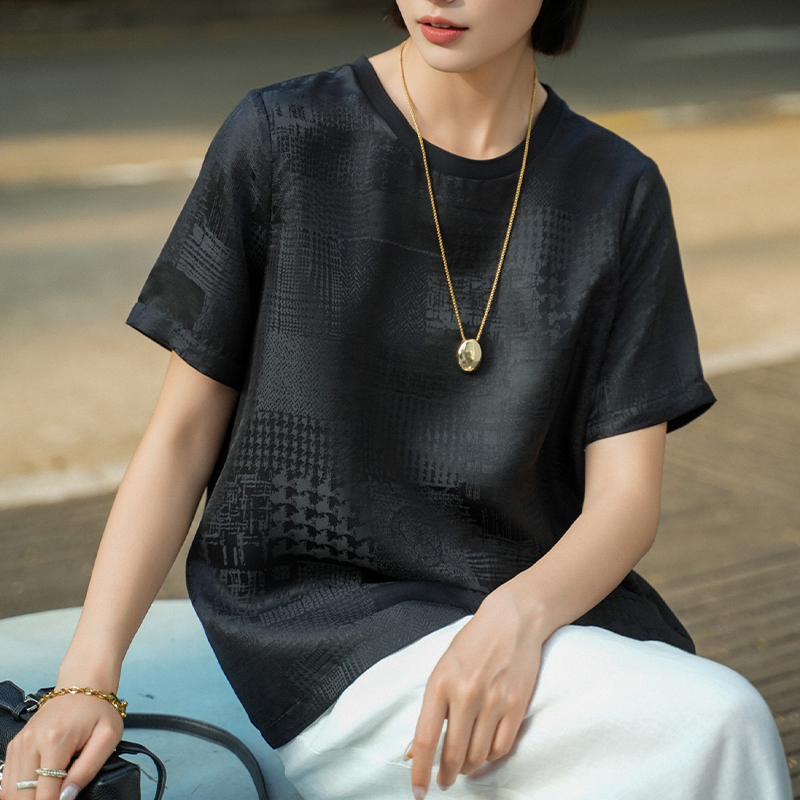 Brocade Satin Color, Loose Round Neck Short-Sleeved 100% Mulberry Silk Heavy Jacquard Silk Black and White Plus Size T-Shirt
