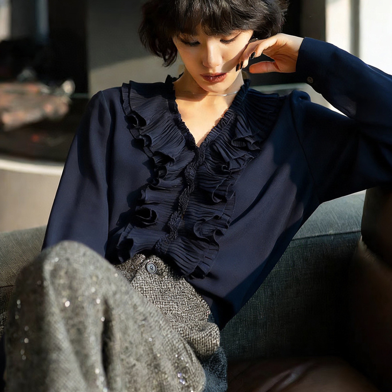 Brocade Satin Color, Early Spring New Style V-Neck Ruffled Piano Pleats French Romantic Blue Georgette Chiffon Shirt