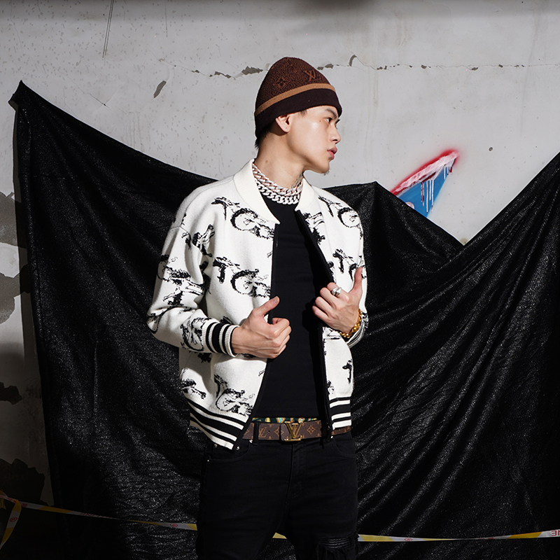 Tgfclub American Hip-Hop Street Style Jacquard Baseball Collar Cardigan Zipper Sweater Jacket