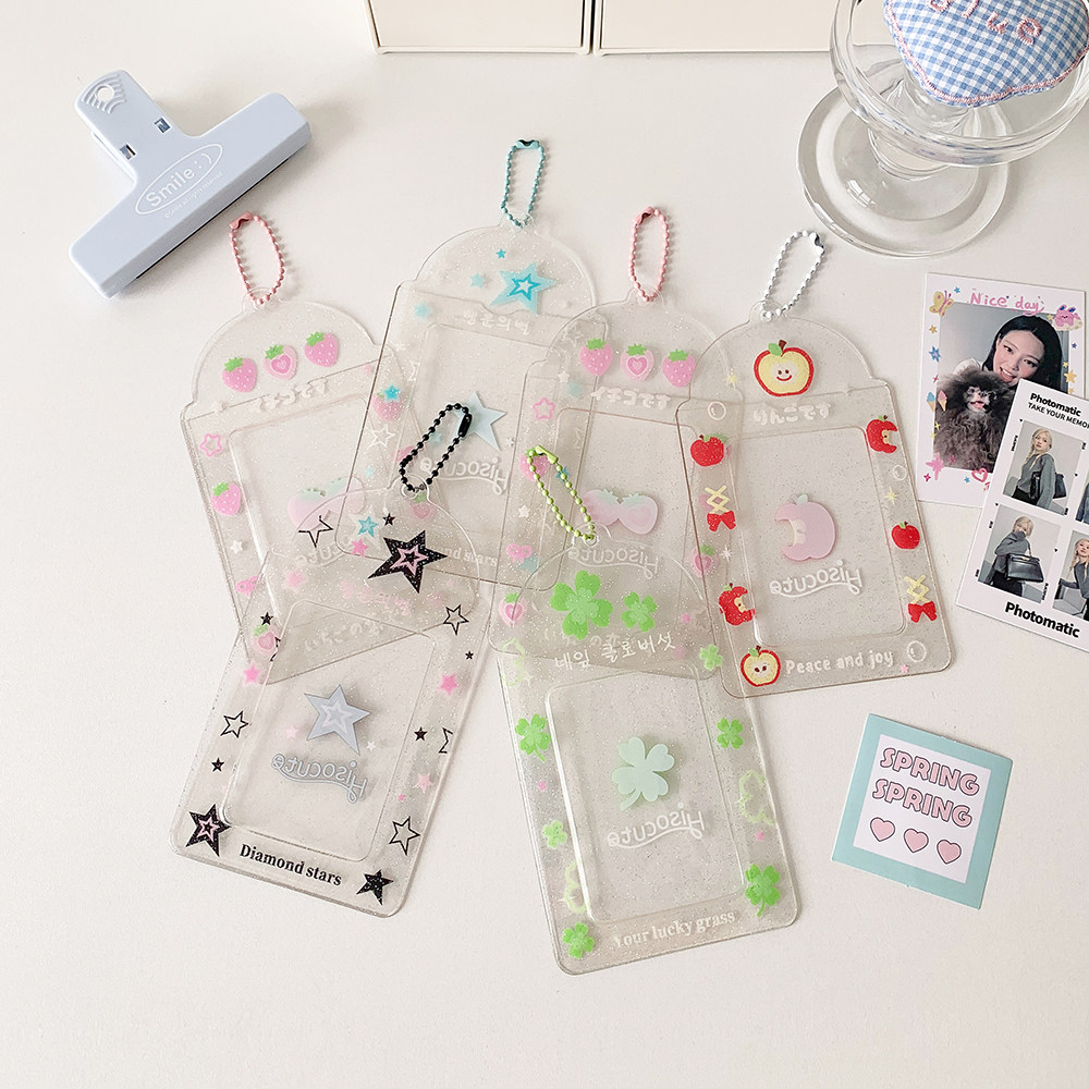Summer transparent four-leaf clover three-inch card holder with glitter, fruit, cartoon, idol-themed card holder, student meal card holder, women's card holder.