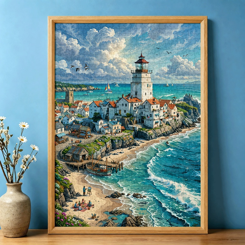 1000-Piece Jigsaw Puzzle Blue Card Adult Toy Wall Decoration Painting with Frame Healing Scenery Lighthouse Coastal Town 1000-Piece Jigsaw Puzzle Blue Card Adult Toy Wall Decoration Painting with Frame Healing Scenery Lighthouse Coastal Town