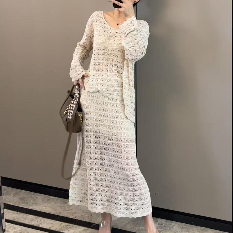 [Oudi Premium Selection] 2026 Summer Hollow-Out Knitted Long-Sleeve Two-Piece Skirt Set Od117