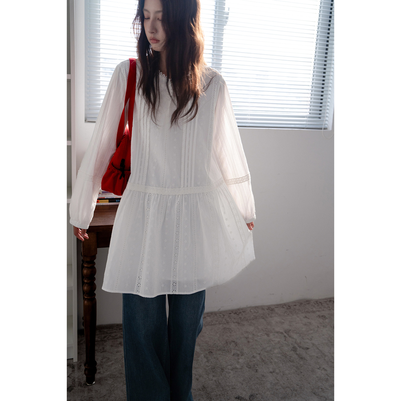 Doll Shirt with Built-In Soft Light Filter, Ruffled Cake Pleat Design, Autumn White Loose Long-Sleeved Shirt Dress for Women Doll Shirt with Built-In Soft Light Filter, Ruffled Cake Pleat Design, Autumn White Loose Long-Sleeved Shirt Dress for Women