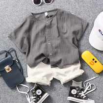 2021 summer new children collarless jacquard hemp short sleeve shirt boys and girls baby loose cotton linen shirt