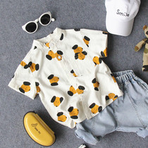Summer new childrens casual puppy printed short-sleeved shirt boys and girls baby stand-up collar half-sleeved shirt cardigan
