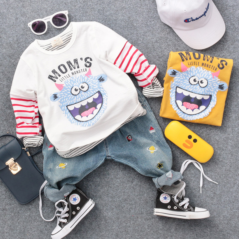 Spring and autumn new boys fake two-piece long-sleeved T-shirt children's letter striped sleeve top t baby base shirt tide