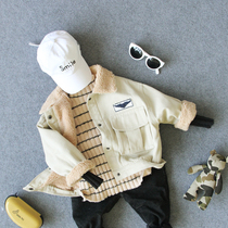 Winter childrens lamb cashmere three-dimensional tooling pocket label coat boys and girls baby warm cotton jacket