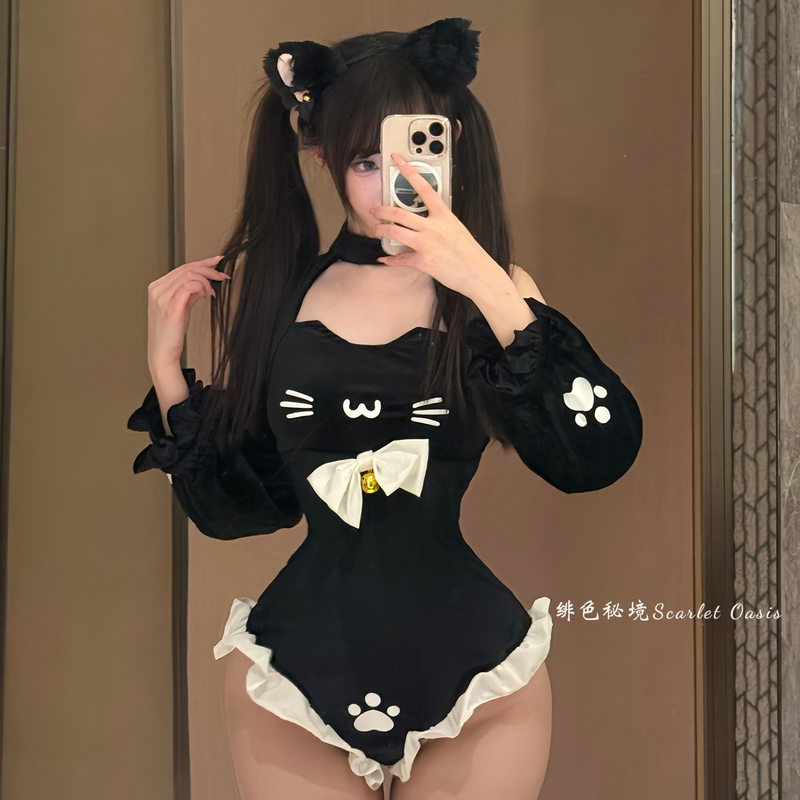 Christmas Cat Girl* Christmas Sexy Velvet Girl Japanese Maid Uniform Bodysuit Lingerie Dress Qqny