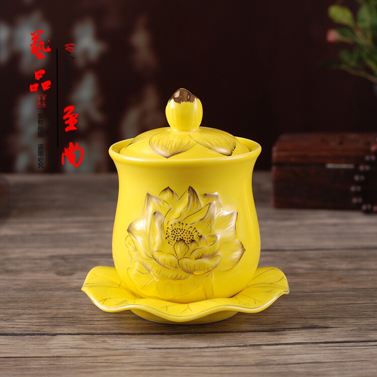 Buddhist supplies fo tang for a holy Cup sadness water relief ceramic Lotus gold gong shui bei Buddha jing shui bei