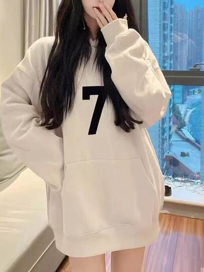 Fog Red Sweatshirt for Women, Spring and Autumn, High Street Fashion Brand, Bf Lazy Style, Number 7 Flocking Print, Thick Couple Hoodie