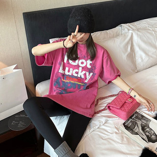 American-Style Heavy-Duty Lucky 777 Letter Print Short-Sleeve High-Street American Washed and Distressed Summer Couple T-Shirt