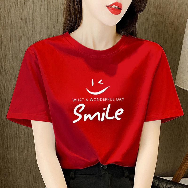 Red Short-Sleeved T-Shirt for Women, Summer Pure Cotton, New Style, Slim, Loose, Stylish, Smiley Face Print, Half-Sleeved T-Shirt Top, Trendy