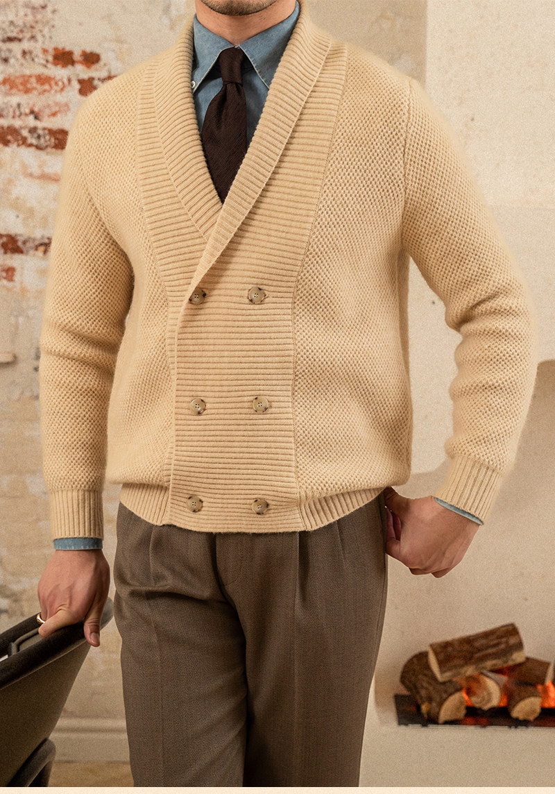 Mr. deer drei gestrickte Mantel Schal kragen Zweireiher Pullover warme Herbst und Winter Wolle Strickjacke Retro modische Jacke – Detail 1