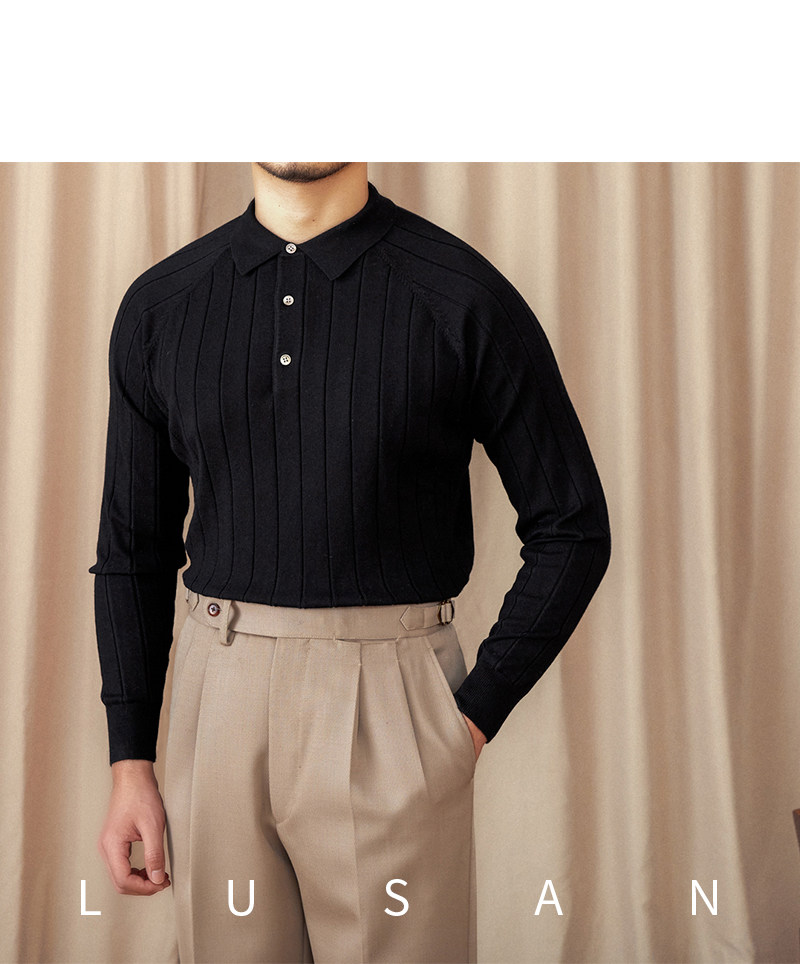 Herbst und Winter Britischer Slim-Fit-Revers-Langarm-POLO-Pullover aus dünner Wolle mit Maulbeerseide für Herren – Detail 35