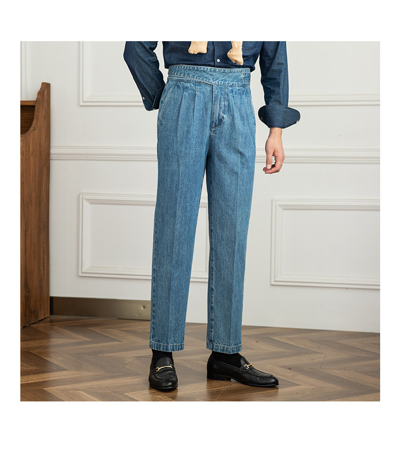 Italian Men's Denim GURKHA Pants Casual High Waist Straight