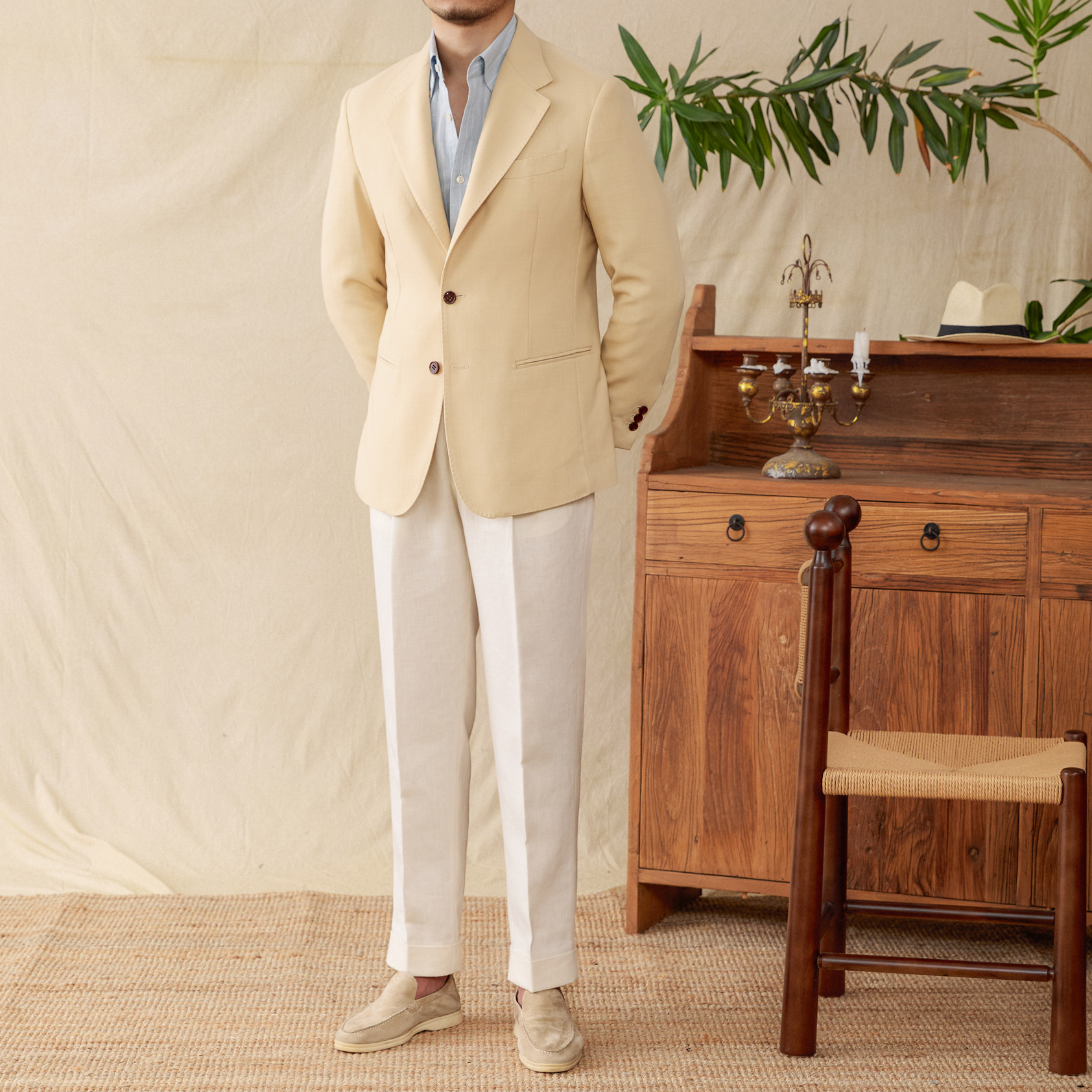 Hirsch Sanxian Business-Stil Entspannung nicht bügeln Leinen Tencel gemischt Fischgräten muster Anzug Jacke Herren Freizeit anzug trendy – Detail 4