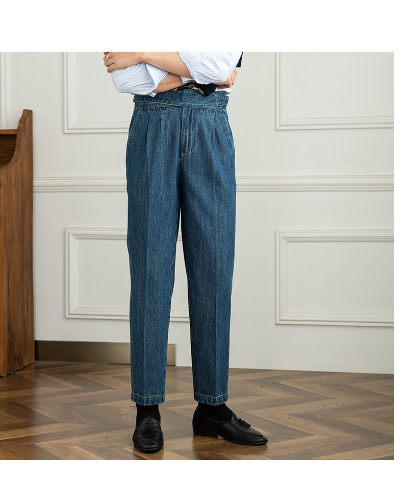 Italian Men's Denim GURKHA Pants Casual High Waist Straight