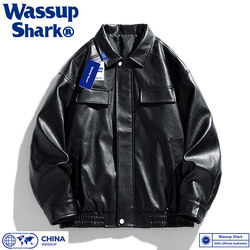 Wassup Shark American retro pilot PU leather jacket ຜູ້ຊາຍດູໃບໄມ້ລົ່ນ trendy ວ່າງລົດຈັກຫນັງ jacket ແມ່ຍິງ