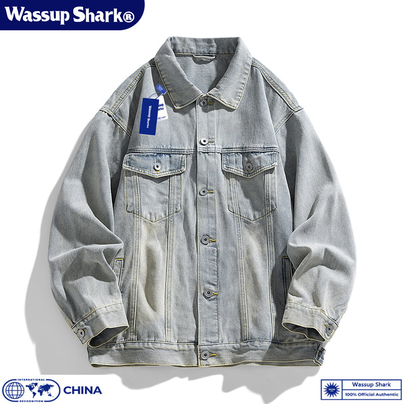 Джинсовая куртка Wassup Shark в американском стиле, мужская весенне-осенняя повседневная куртка в стиле ретро, универсальный топ с лацканами