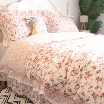 Han Q version of pastoral style lace quilt cover four-piece cotton cotton princess pink small floral lotus leaf bed