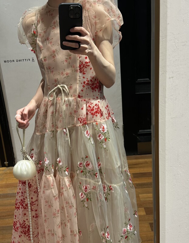 [New Product] Shorty Idea LAOSHU Rosa Patchwork Printed Short-Sleeved See-Through Organza Mid-Length Dress