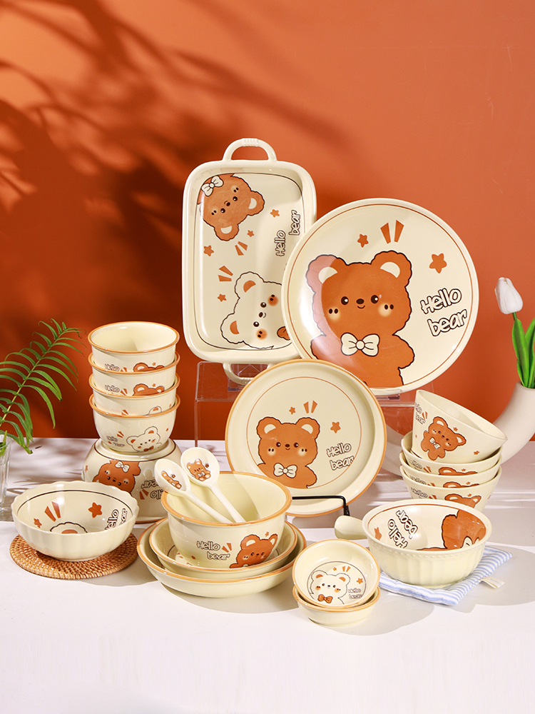 Cute hello bear bowl and dish set combination household ceramic bowl and plate tableware cartoon bowl chopsticks housewarming gift