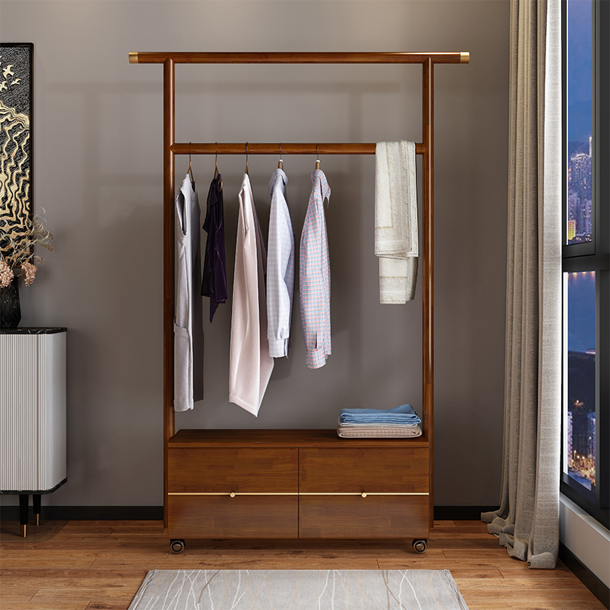 New Chinese clothes hanger floor bedroom minimalist modern hanging clothes hanger Easy home clothes and hat rack solid wood containing shelve 