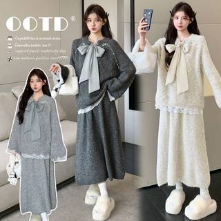 New autumn and winter maternity wear, french fashion, loose belly-covering knitted sweater + skirt, sweet suit