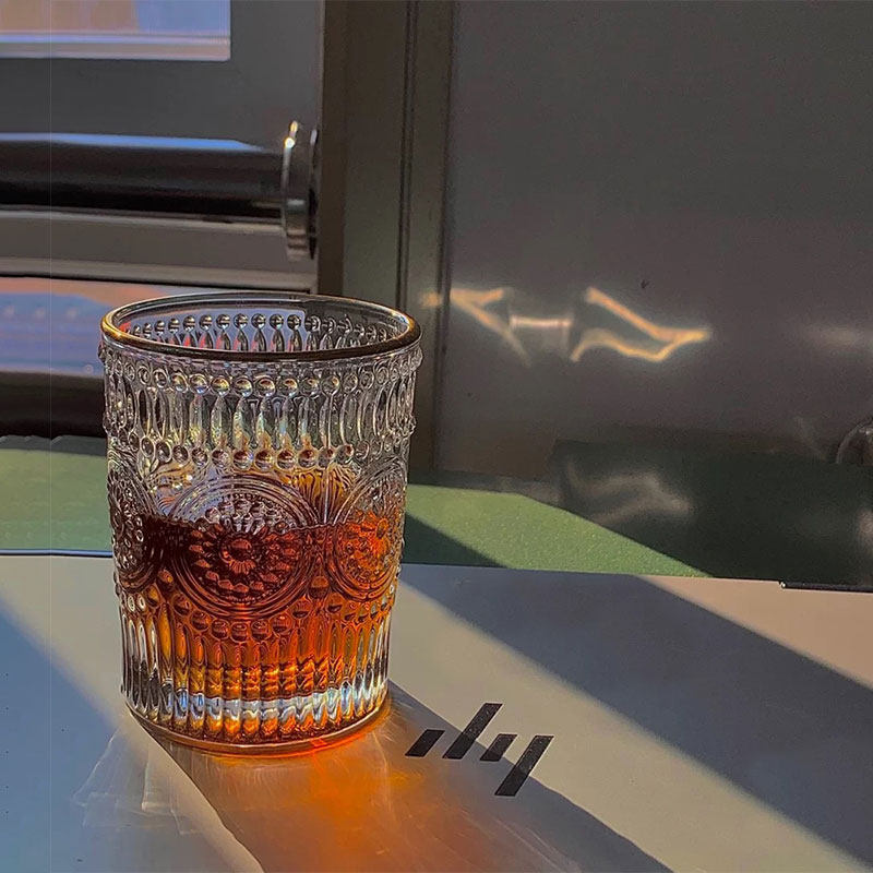 Transparent embossed Phnom Penh glass cup ins wind minimalist mesh red mug cocktail wine juice drinking water mojito