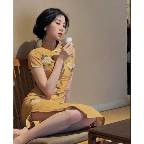 Легкое ципао, элитное платье, китайский стиль, 2025 года, светлый стиль, в цветочек