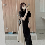 Легкое элитное ципао, черное платье, светлый стиль, яркий броский стиль, рукава фонарики, китайский стиль