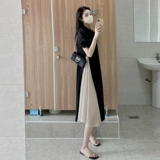 Легкое элитное ципао, черное платье, светлый стиль, яркий броский стиль, рукава фонарики, китайский стиль