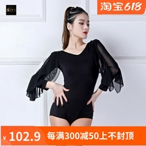Fire Leaf Flower Latin Dance Costume Womens Top Ruffled Sleeves Modern Dance Suit Slim V-neck Jumpsuit Practice Suit