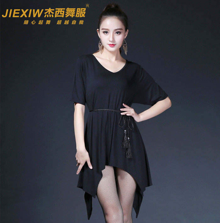 Fire leaf flower Latin dance suit adult dance practice women's short-sleeved new dress Modal training V-neck top