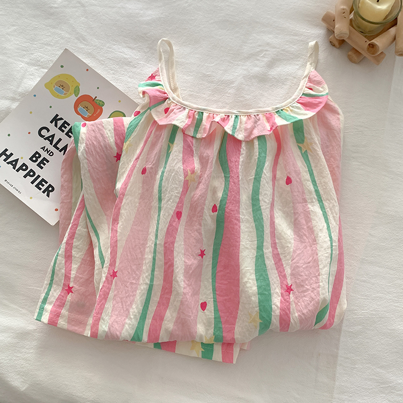 Dopamine Pink Striped Suspender Nightgown for Women, Summer Thin Woven Pure Cotton Nightgown, Sweet and Cute Home Wear