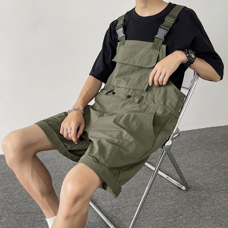 American-Style Thin Quick-Drying Jumpsuit Summer Casual Versatile Trendy Men's Overalls Loose Straight-Leg Suspenders Trendy