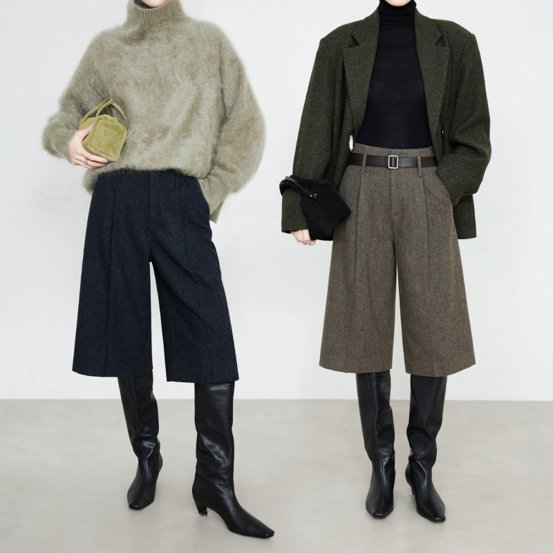 Xia Moka Stylish Relaxed Italian-Style Flannel All-Wool Six-Point Pants Thick Woolen Pants Paired with Boots Mid-Length Pants 9717