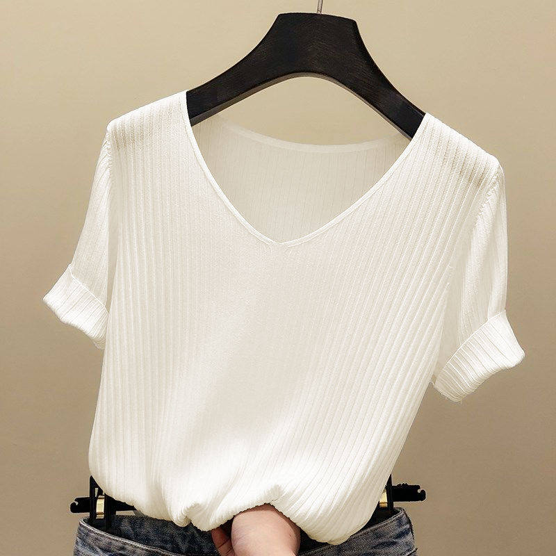 Ice Silk Spring Summer 2021 New Knitwear Women's Korean Edition Slim Bottoming Solid Color V-neck Short-Sleeved T-Shirt Women's Top Tide
