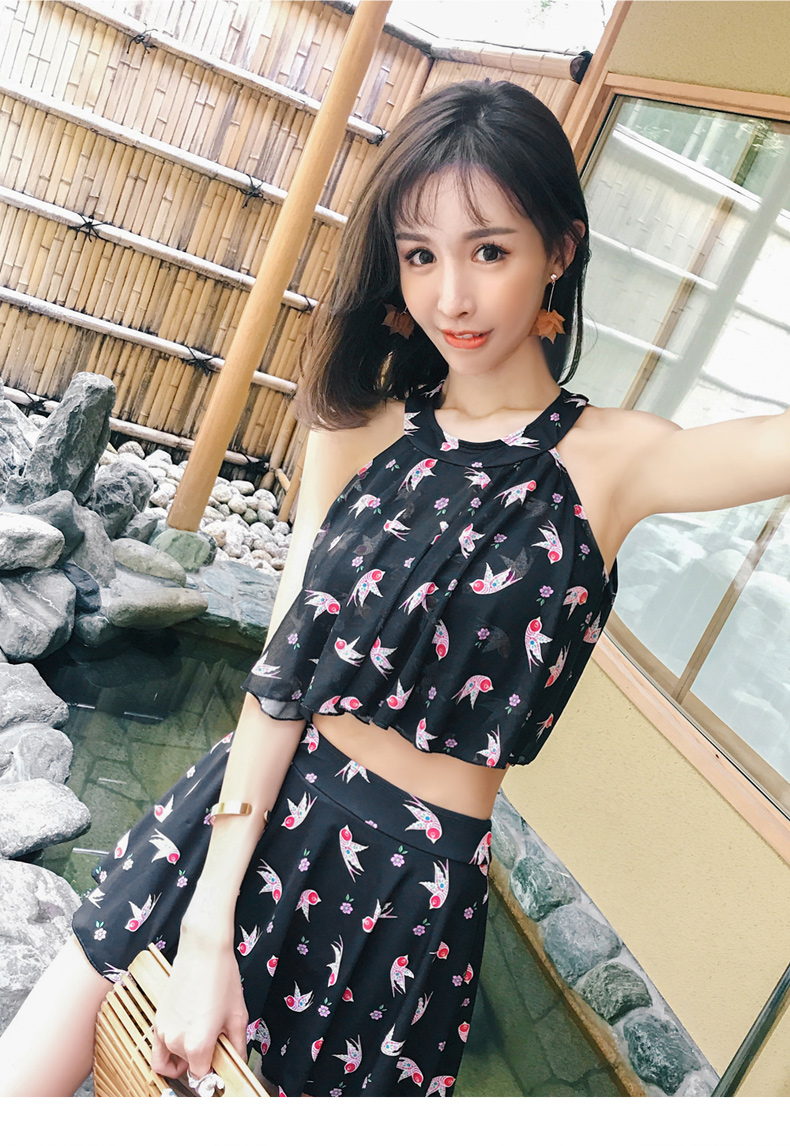 Yi Meishan áo tắm nữ bảo thủ Hàn Quốc suối nước nóng nhỏ kiểu váy mỏng che bụng nhỏ ngực tập hợp váy bơi màu đen - Bộ đồ bơi hai mảnh 	bộ áo tắm 2 mảnh