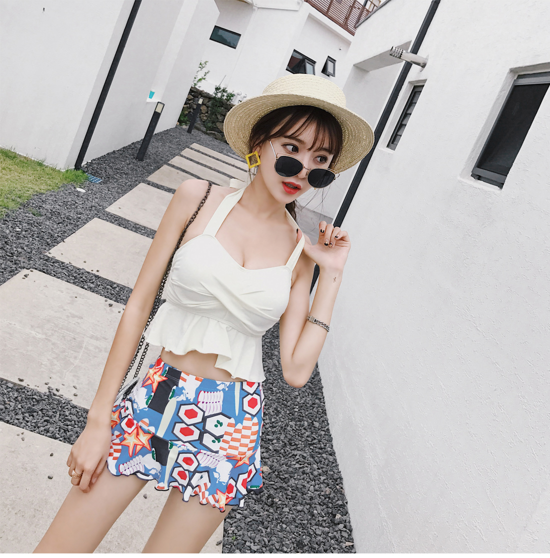 Bộ đồ bơi nữ Yimeishan ngực nhỏ tập hợp váy xẻ kiểu váy boxer Học sinh Hàn Quốc nhỏ tươi tắm nước nóng mùa xuân - Bộ đồ bơi hai mảnh bikini 2 mảnh