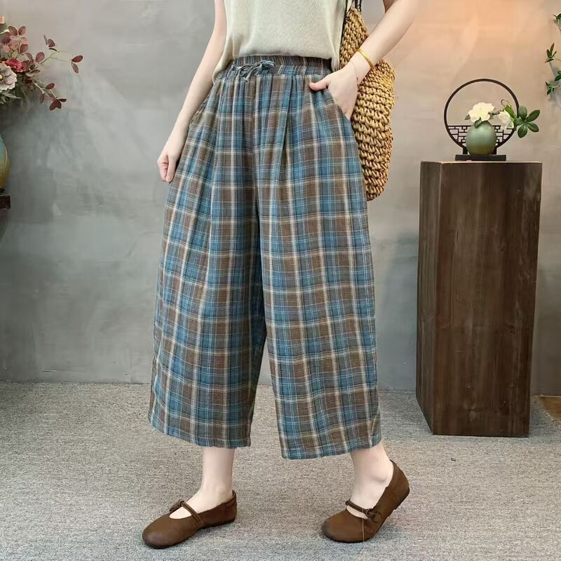 2026 Summer New Style Personalized Outfit Plaid Double Yarn Cotton Eight-Point Pants for Women, Elegant Slimming Casual Pants with High Waist and Loose Fit 2026 Summer New Style Personalized Outfit Plaid Double Yarn Cotton Eight-Point Pants for Women, Elegant Slimming Casual Pants with High Waist and Loose Fit