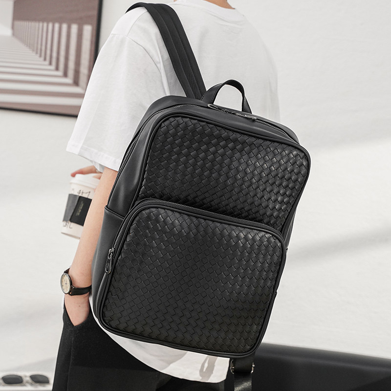 Leather woven backpack men's tide brand simple travel leisure large-capacity multi-functional trend fashion men's backpack