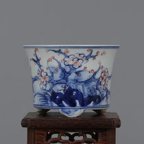 Qing Guangxu hand-painted blue and white underglaze red plum pattern three-legged mini ceramic flower pot calamus succulent micro bonsai pot