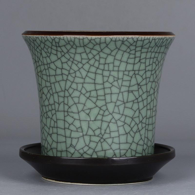Jingdezhen ceramic antique kiln sauce glaze green glaze open sheet pattern circular belt flower pot Antique porcelain is old