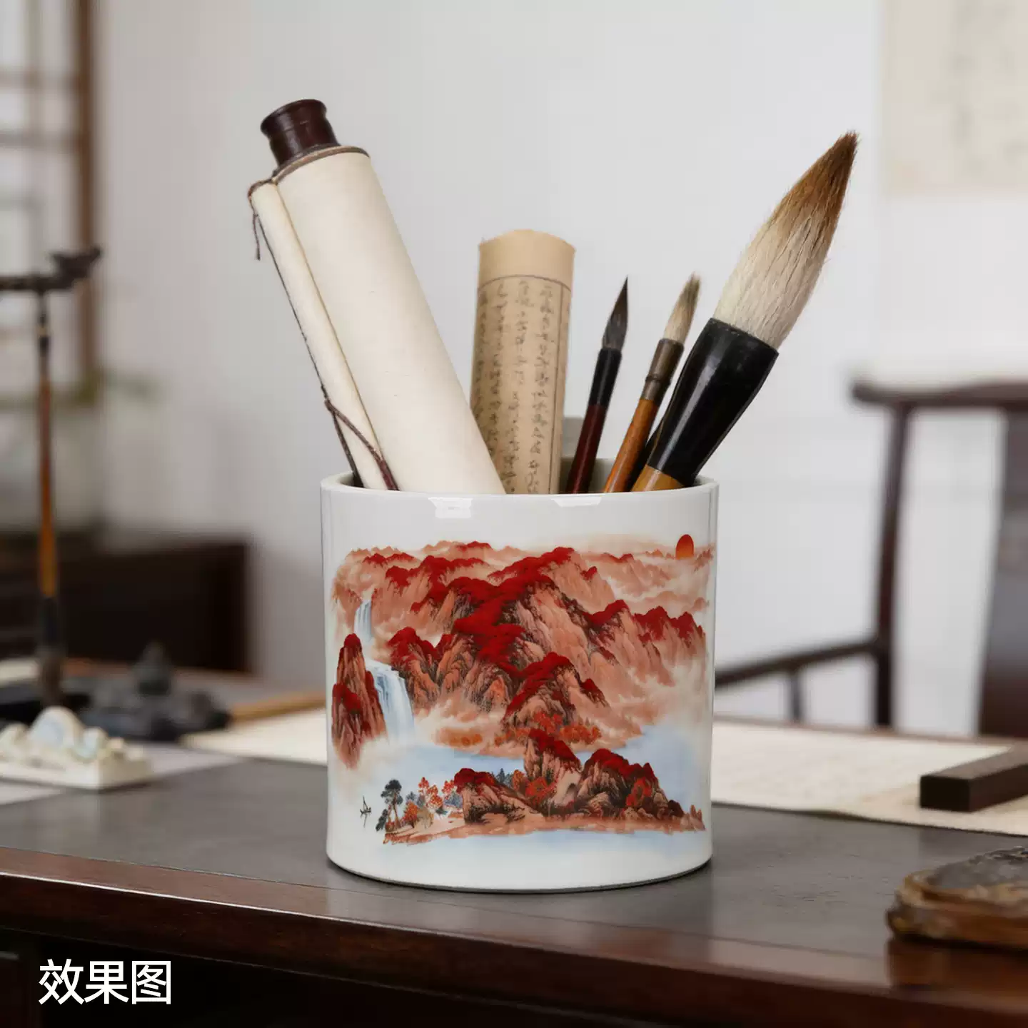 复古大清光绪年制款粉彩山水纹小笔筒古玩古董瓷器仿古做旧收藏-淘宝