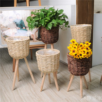 Creative European wooden floor-to-ceiling flower stand High and low flower pot rack Grass woven rattan woven flower basket Indoor living room decoration green dill