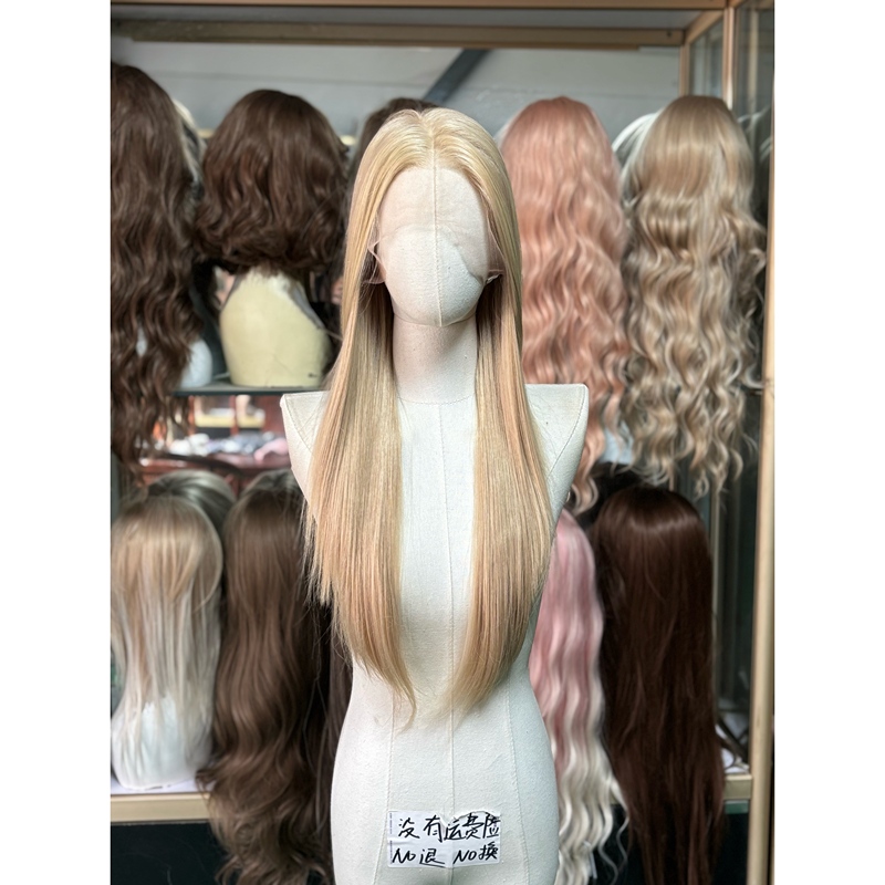 Large Lace Front Hand-Crocheted Wig for Women, Lace Invisible Natural Realistic Platinum Long Straight Hair, Imported Silk Full Head Wig
