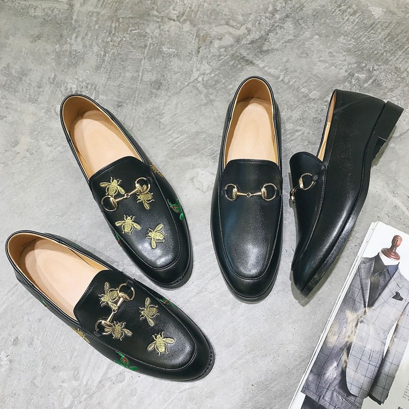 Male Ynlen Lefu Shoes Positive Dress Embroidery Leather Shoes One Foot Pedal Youth Bean Bean Shoes Fashion Hairstyle Hairdresser Leather Shoes Man